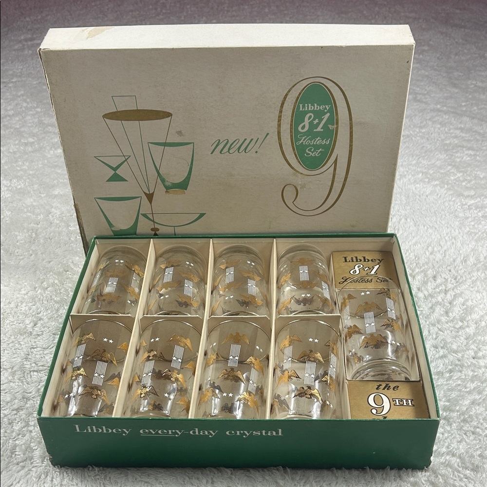 Vintage MCM Libbey Hostess Set 9 glasses Patriotic eagle with original box